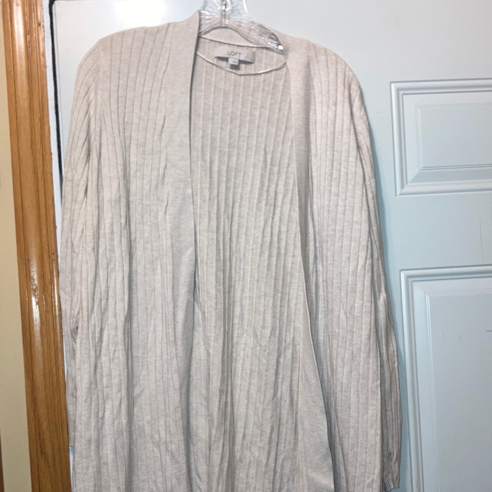 LOFT Light Beige Ribbed Open-Front Cardigan L
